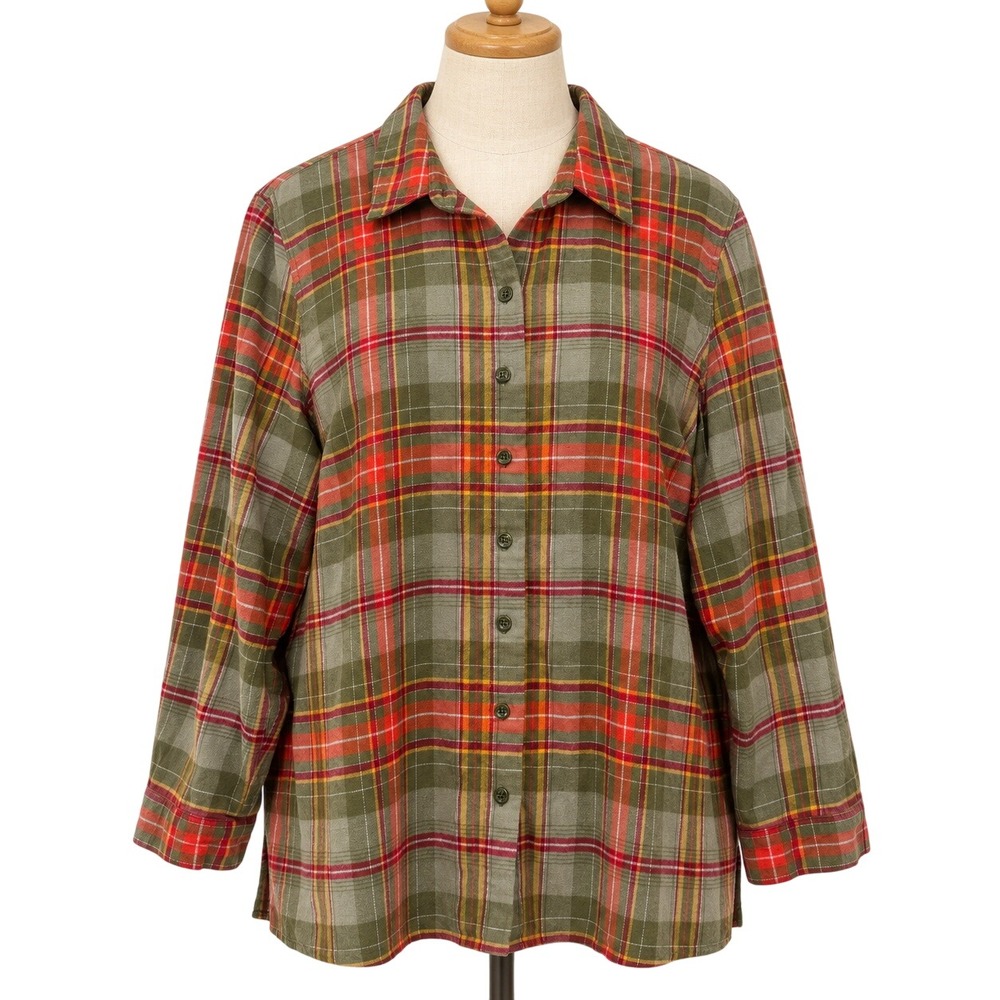 Coldwater Creek 2X Plaid Cotton Flannel Shirt Olive Rust Button Front Fall Soft
